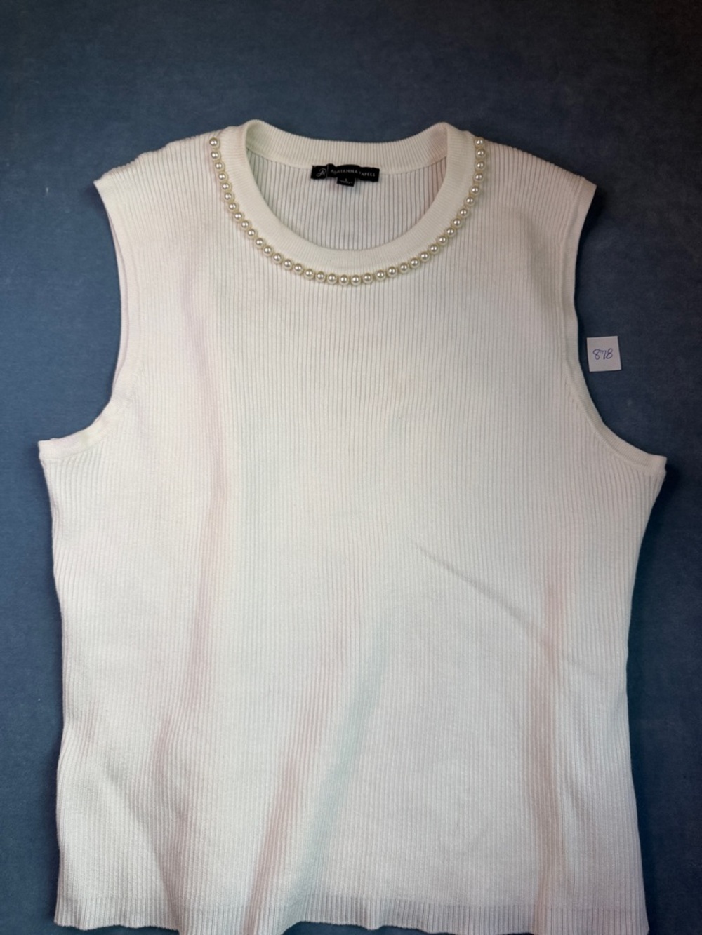 Adrianna Papell Pearl-Trim Cream Sleeveless Knit Top Size L